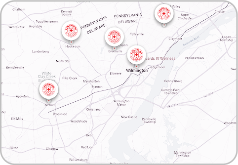 A map of a city with a bunch of circles on it.