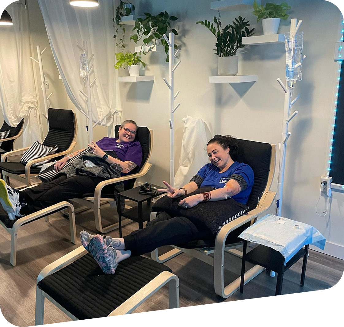 Two people are sitting in chairs with their feet up in a room.