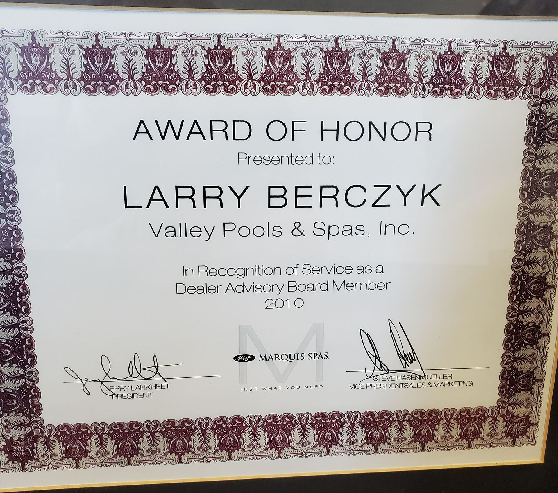 Award of Honor certificate to Larry Berczyk from Valley Pools & Spas, Inc. for service as a Grade Advisory Member in 2010.