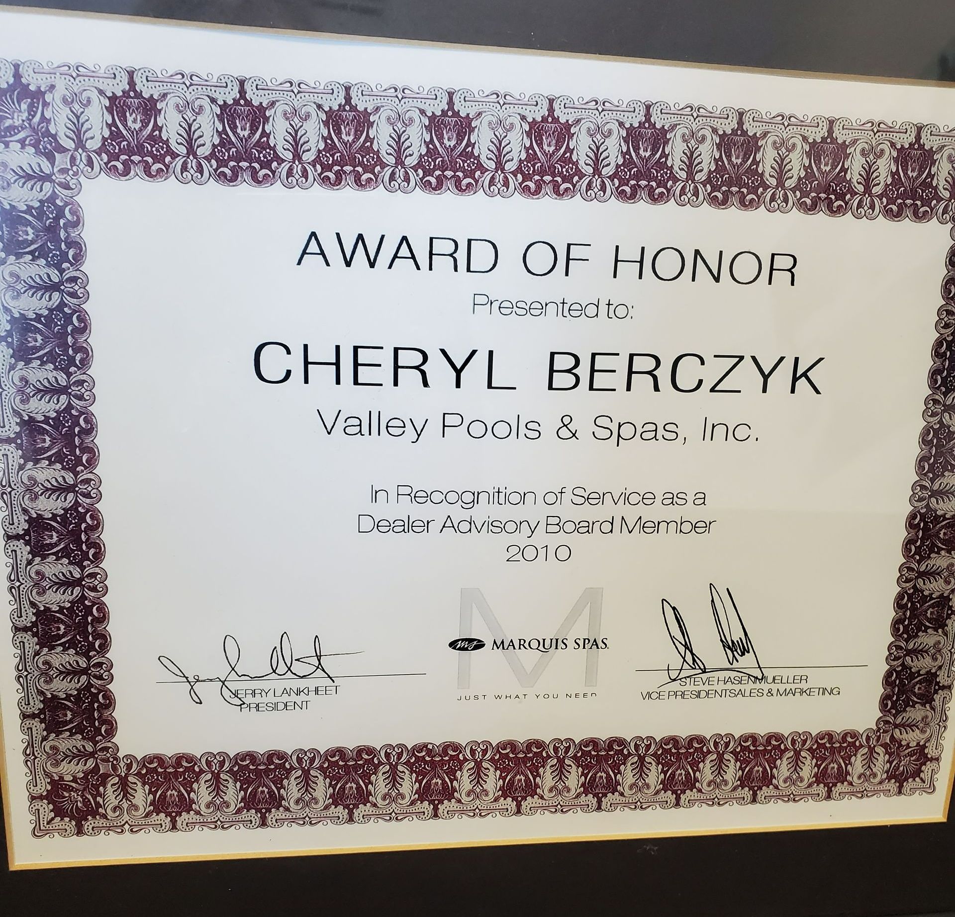 Award certificate for Cheryl Berczyk of Valley Pools & Spas, with ornate border and signatures.