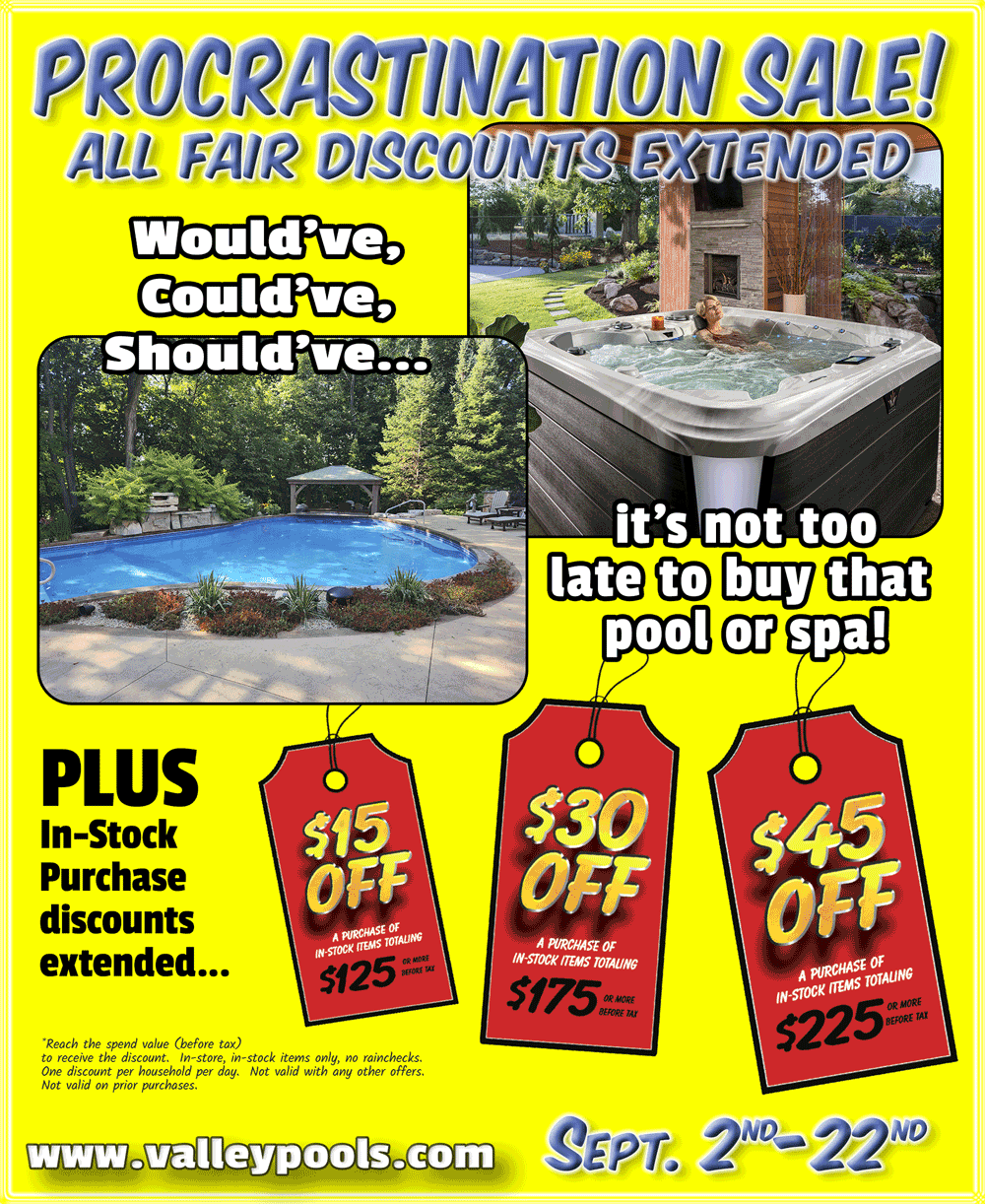 Advertisement for a pool and spa sale with discount tags on a yellow background.