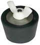 Black rubber sink stopper with white butterfly nut for tightening.