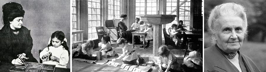 A collage of three black and white photos of Maria Montessori working with children