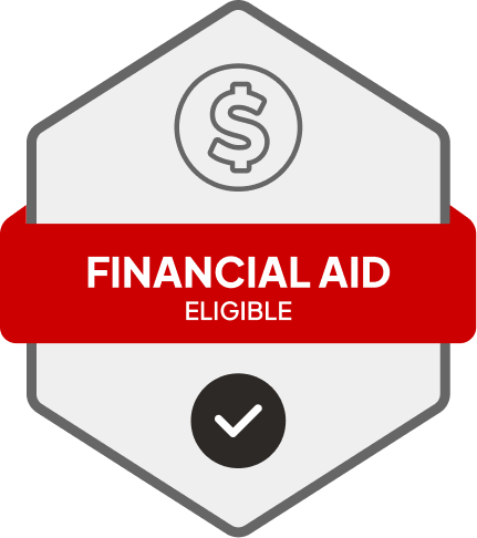Badge: Financial Aid Eligible, blue banner, building icon, dollar sign.