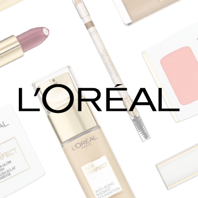 L'Oréal makeup products: foundation, lipstick, eyebrow pencil, and blush. White background.