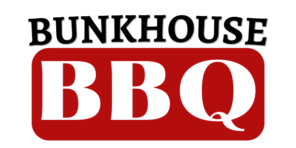 A red and white logo for bunkhouse bbq