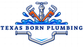 Logo for Texas Born Plumbing: water faucet, wrenches, and pipes; blue, orange, and gray.