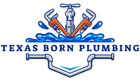Logo for Texas Born Plumbing: water faucet, wrenches, and pipes; blue, orange, and gray.