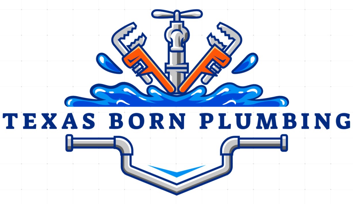 Logo for Texas Born Plumbing: water faucet, wrenches, and pipes; blue, orange, and gray.