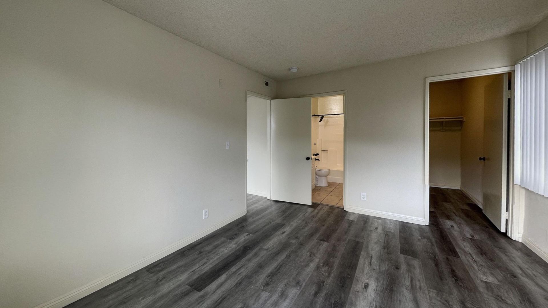 Empty room with gray wood-look flooring, light walls, and open doors to a bathroom and closet.