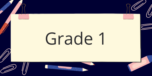 A sign that says grade 1 is surrounded by school supplies.