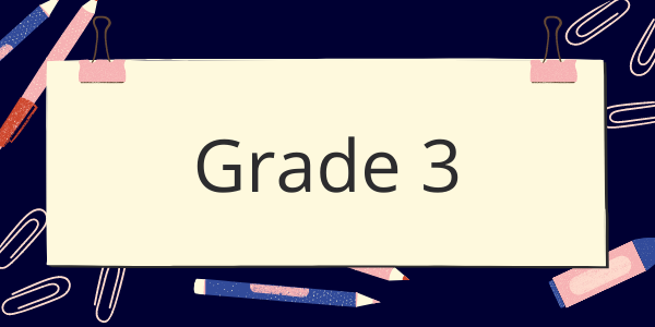 A sign that says grade 3 is surrounded by school supplies.