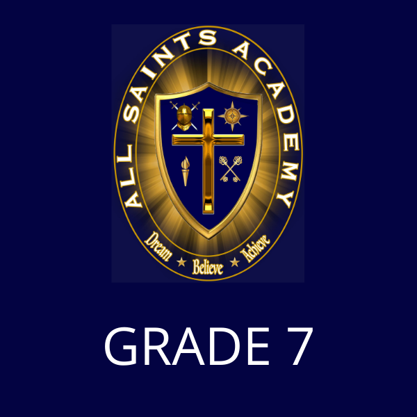 All saints academy grade 7 logo on a blue background