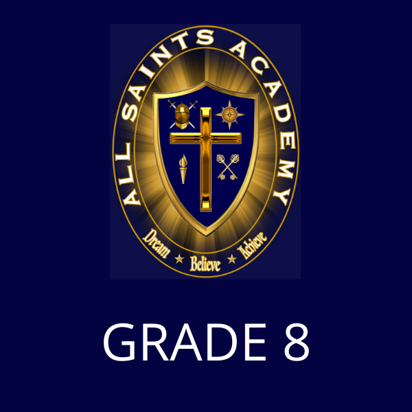 All saints academy grade 8 logo on a blue background