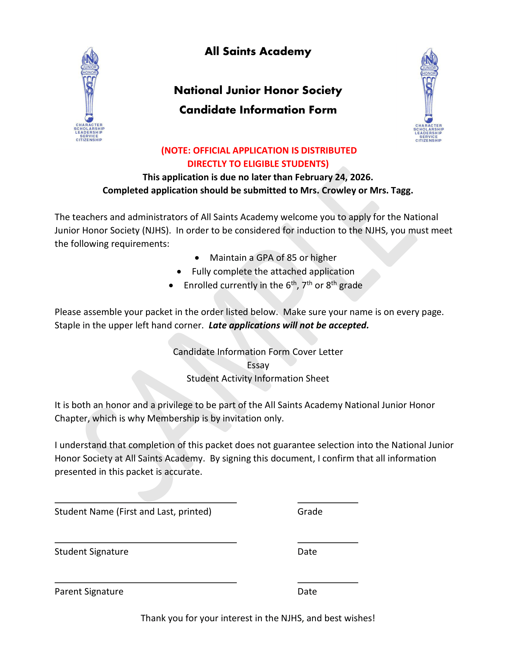 Sample Application Packet