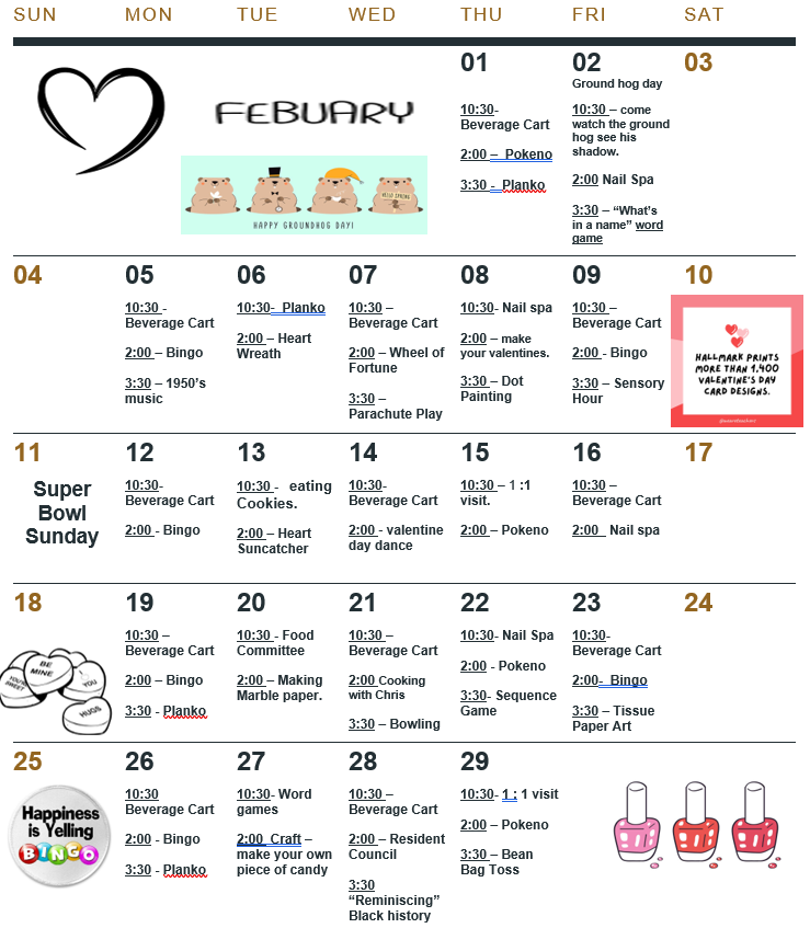 Monthly Recreation Calendar | Villa Maria Nursing