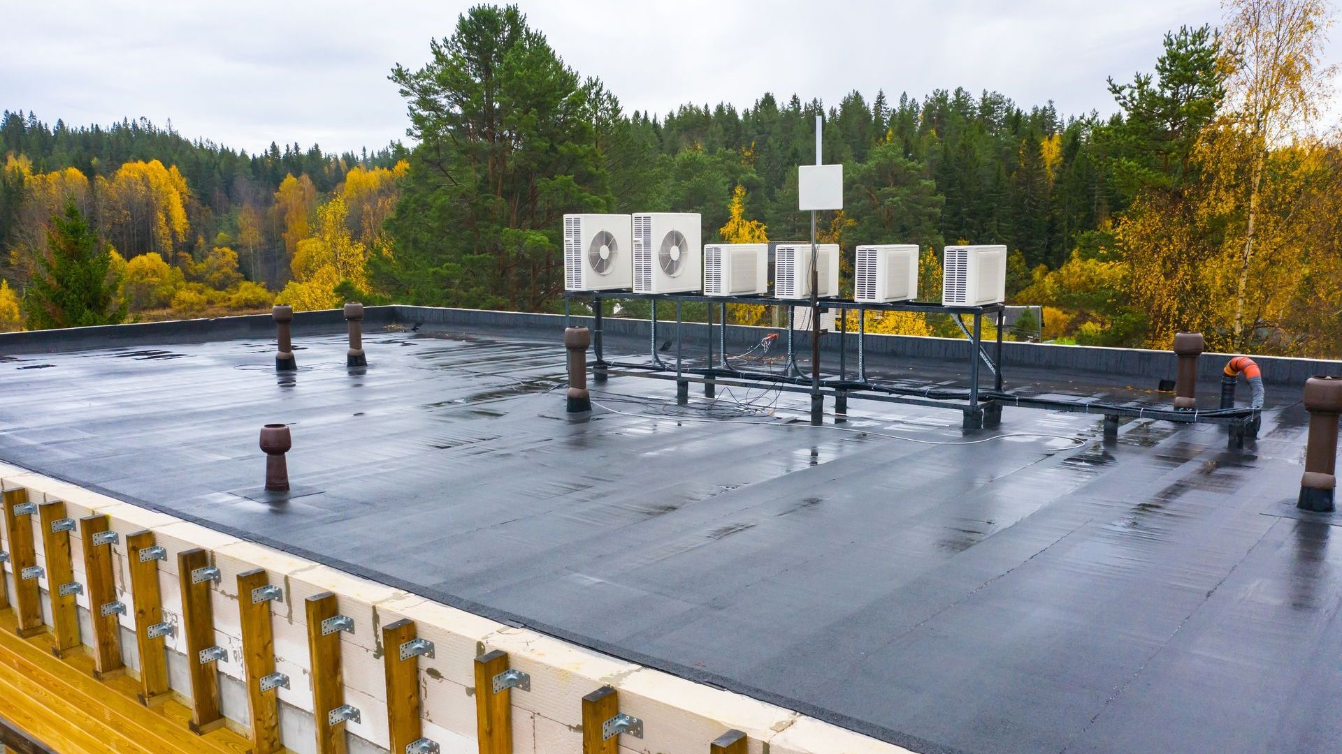The roof of a building with a flat roof and trees in the background.