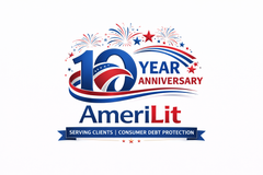 AmeriLit 10-year anniversary logo in red, white, and blue with stars and ribbon tagline