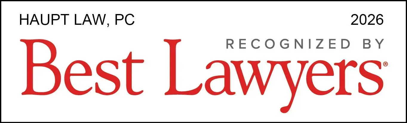 Logo for Haupt Law, PC, recognized by Best Lawyers, 2026, in red.