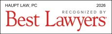 Logo for Haupt Law, PC, recognized by Best Lawyers, 2026, in red.