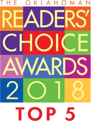 "The Oklahoman Readers' Choice Awards logo, 2018, with colorful blocks and 'TOP 5'."
