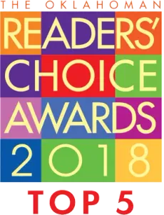 "The Oklahoman Readers' Choice Awards logo, 2018, with colorful blocks and 'TOP 5'."