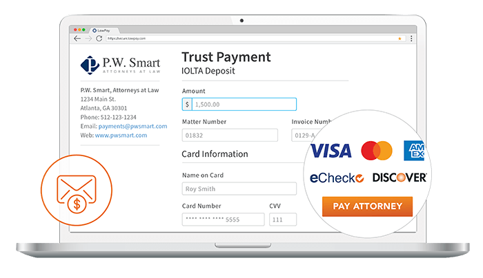 Laptop screen showing a Trust Payment checkout form with card logos and a “Pay Attorney” button