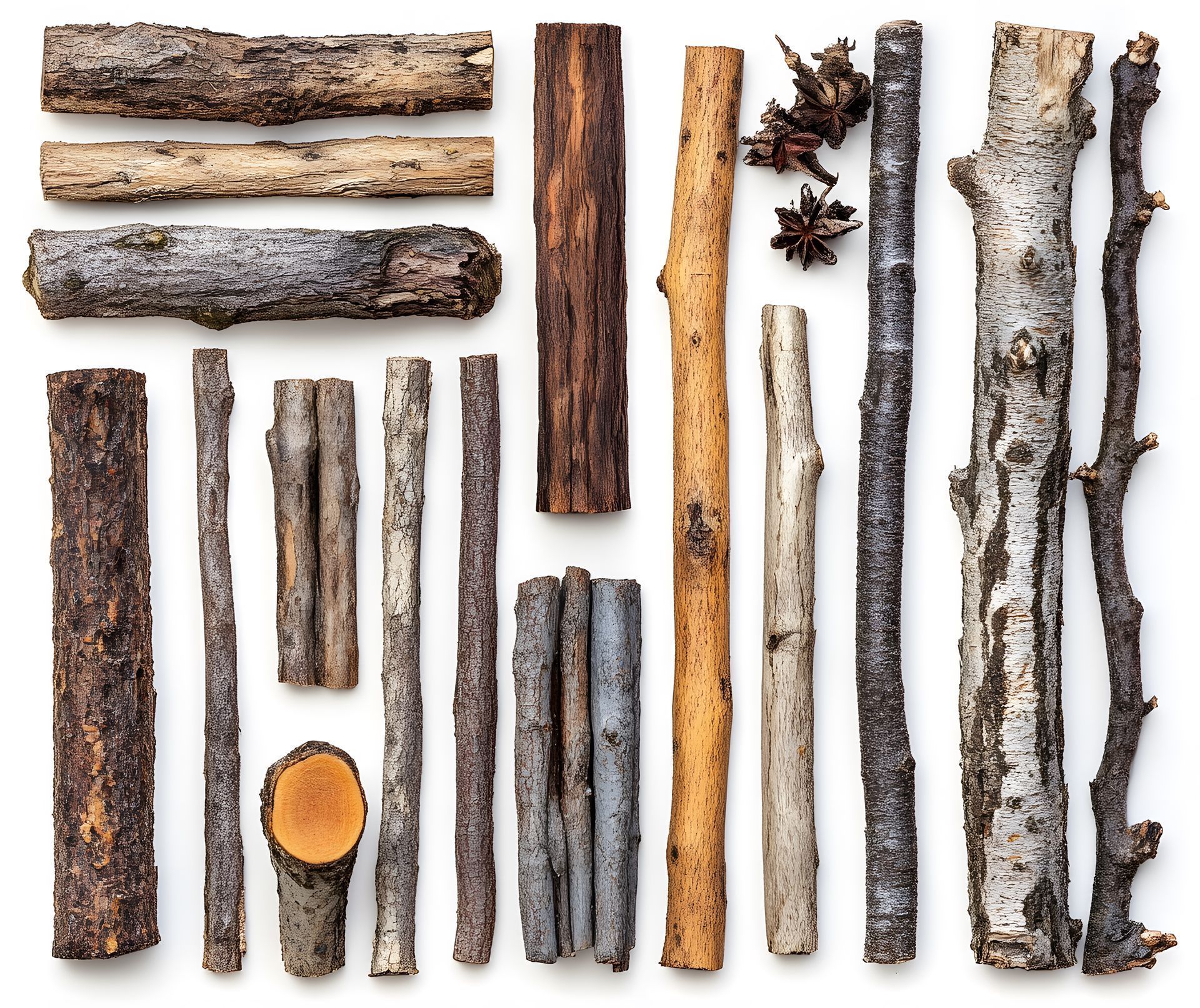 Various wooden sticks and twigs arranged on a white background.