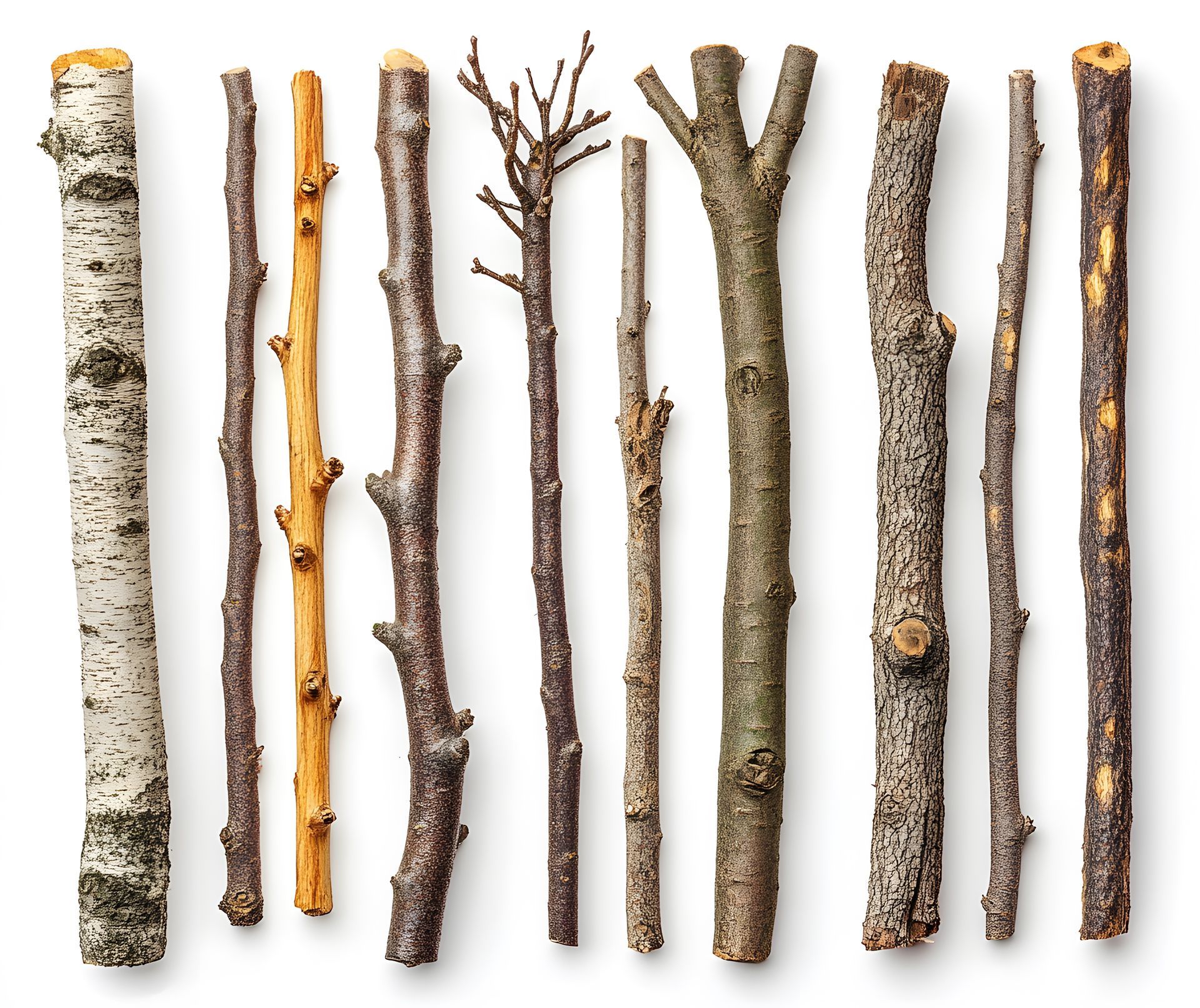 Variety of brown twigs and branches on a white background, some with bark, varying textures and sizes.
