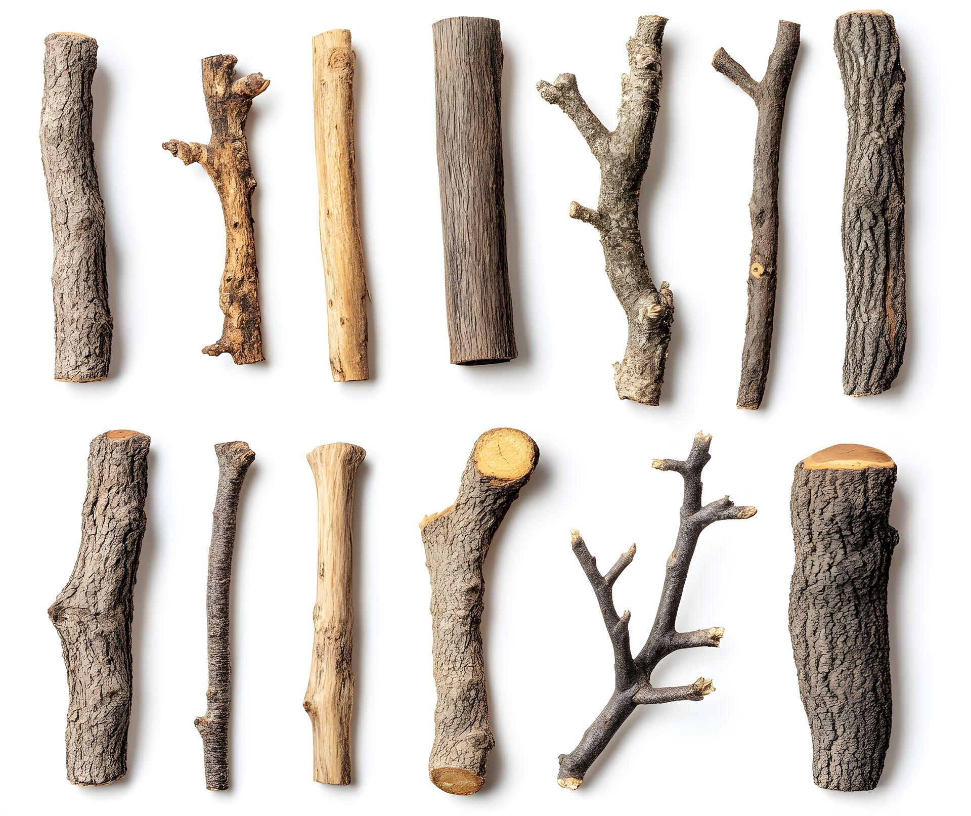 Assorted twigs and sticks of varying sizes and colors against a white background.