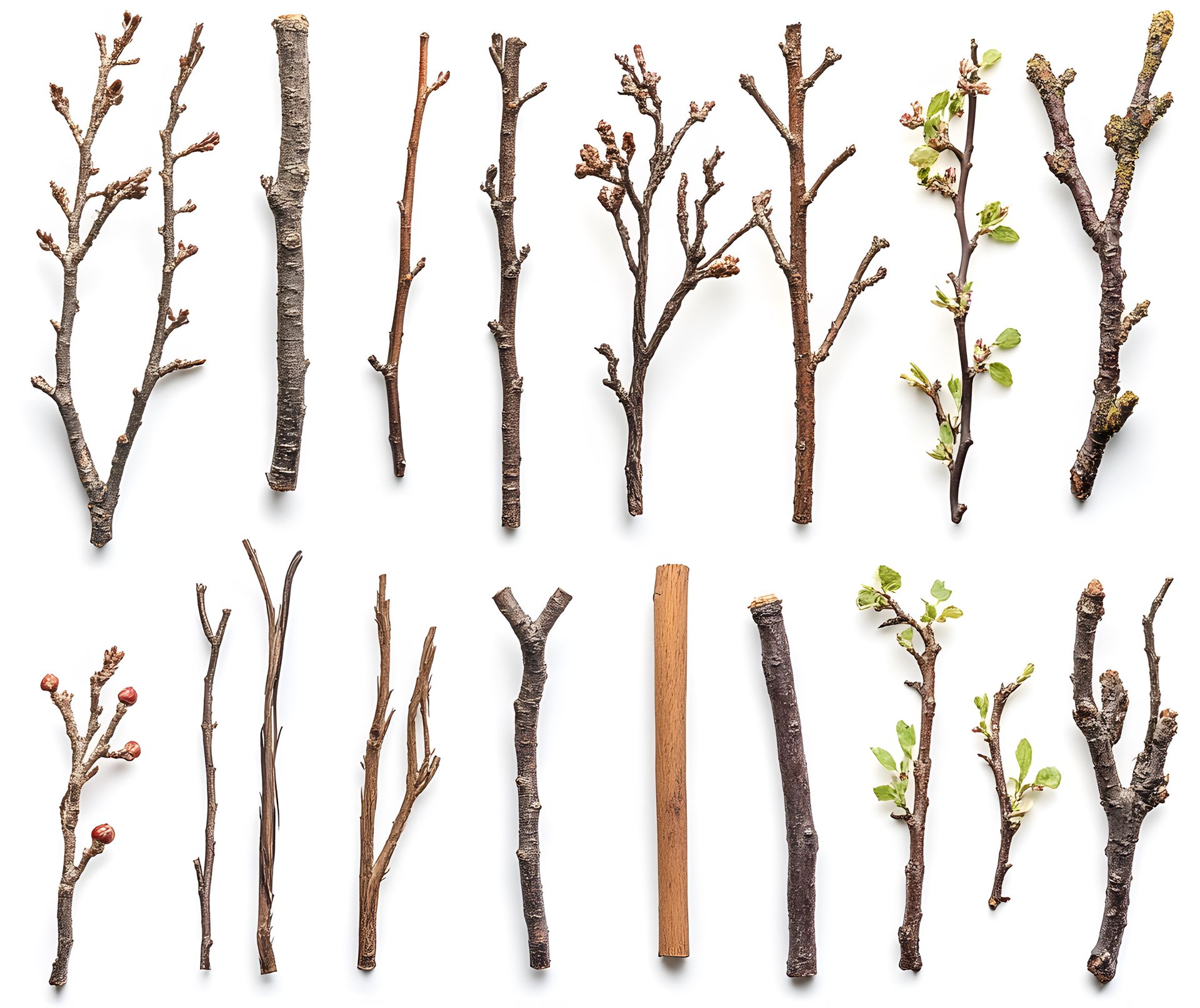 Assorted twigs and branches on a white background; some with buds and leaves.