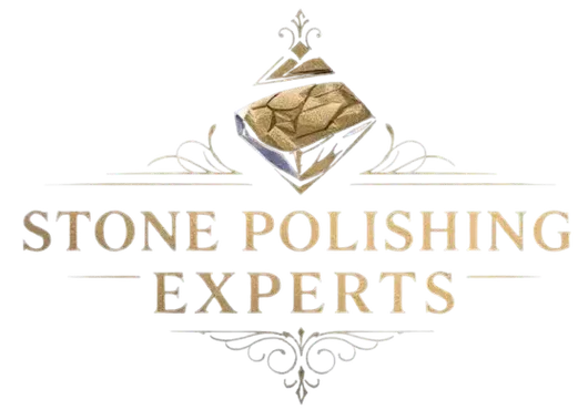 Logo: Gold text "STONE POLISHING EXPERTS" with diamond-shaped stone graphic. Decorative flourishes above and below.