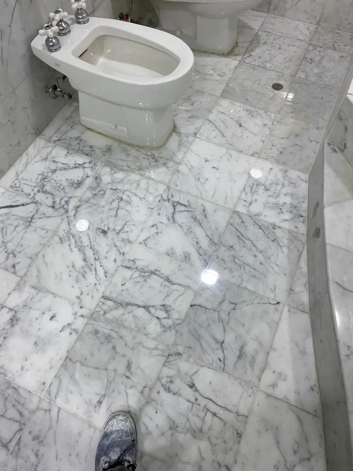 White marble tiled bathroom with a bidet. The floor has gray veining.