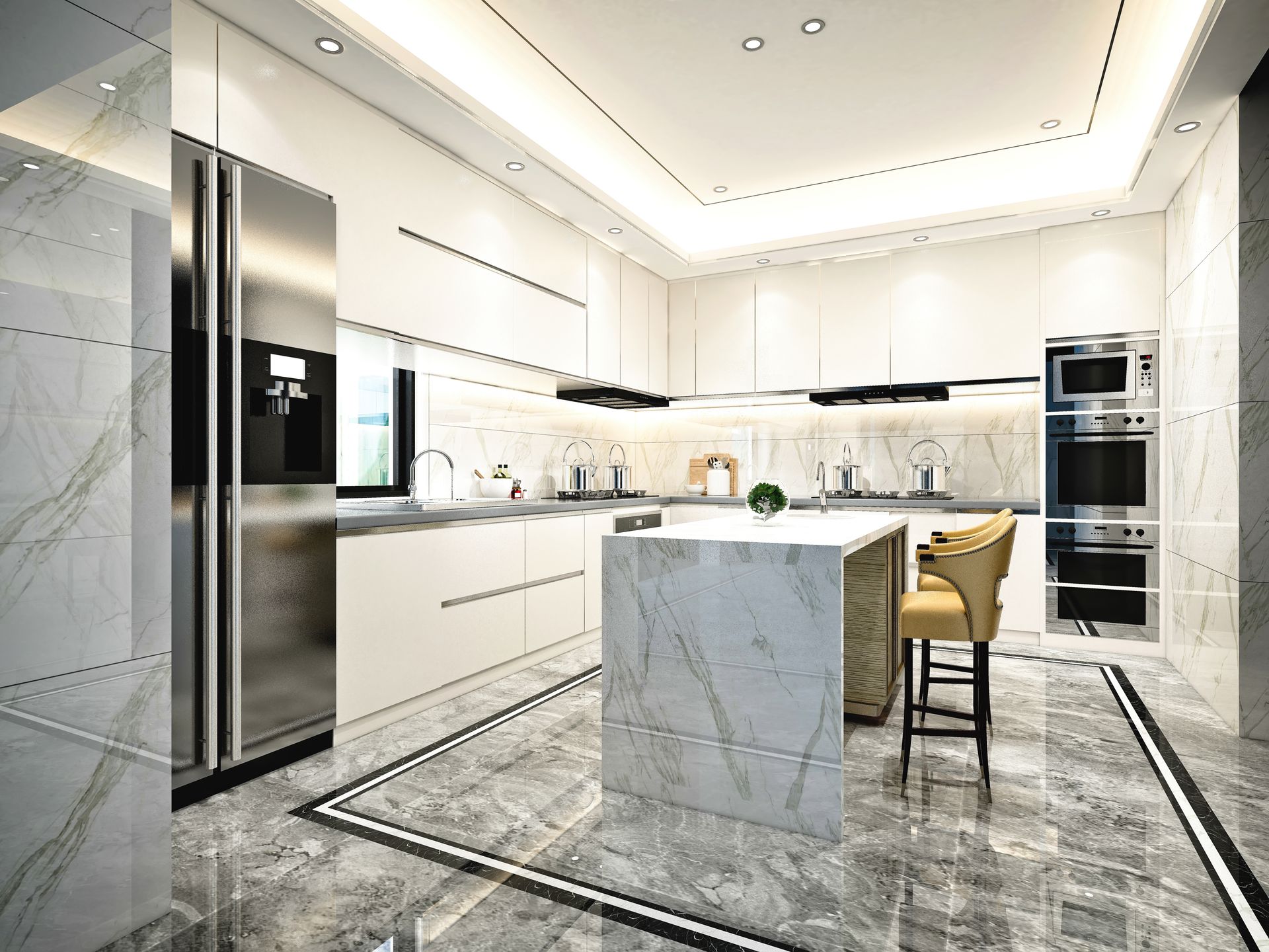 Modern white kitchen with marble accents. Stainless steel appliances, a center island with a stool, and marble flooring.