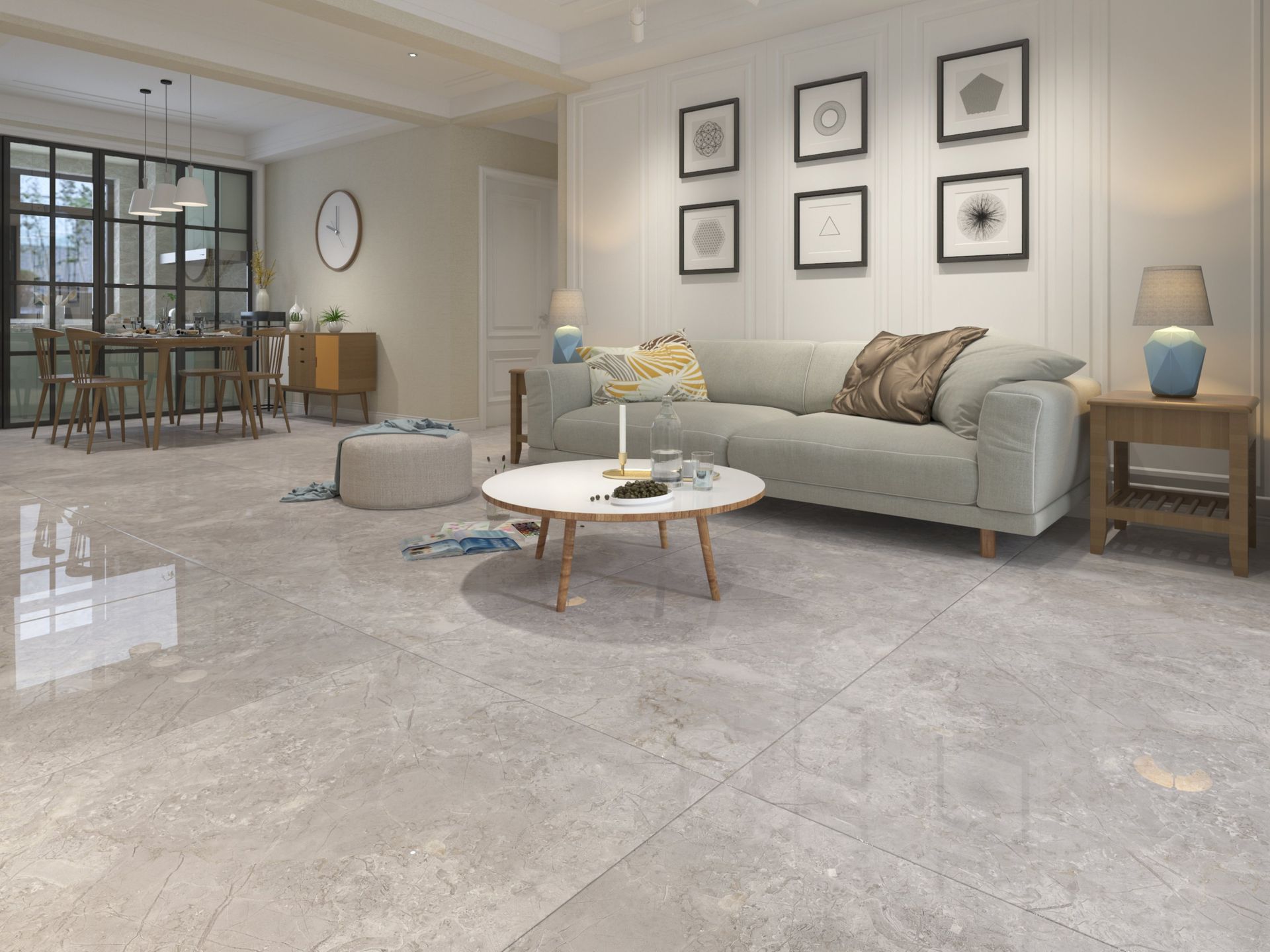 Living room with gray sofa, coffee table, and framed art. Dining area visible in the background.