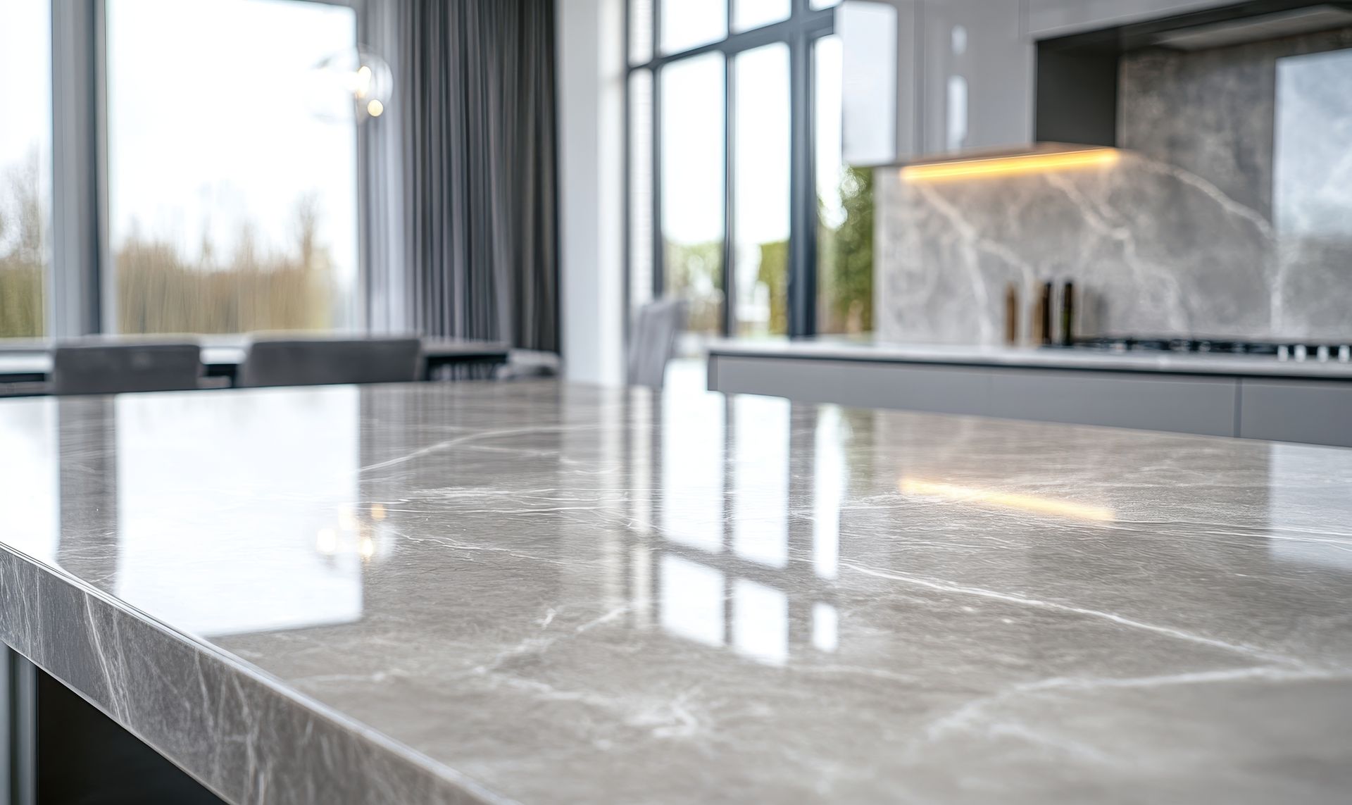Close-up of a polished gray marble countertop in a modern kitchen, with reflective surface.