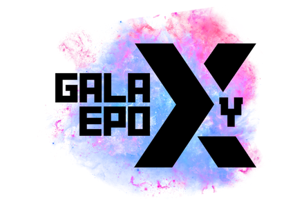 A logo for gala epoxy with a pink and blue background.