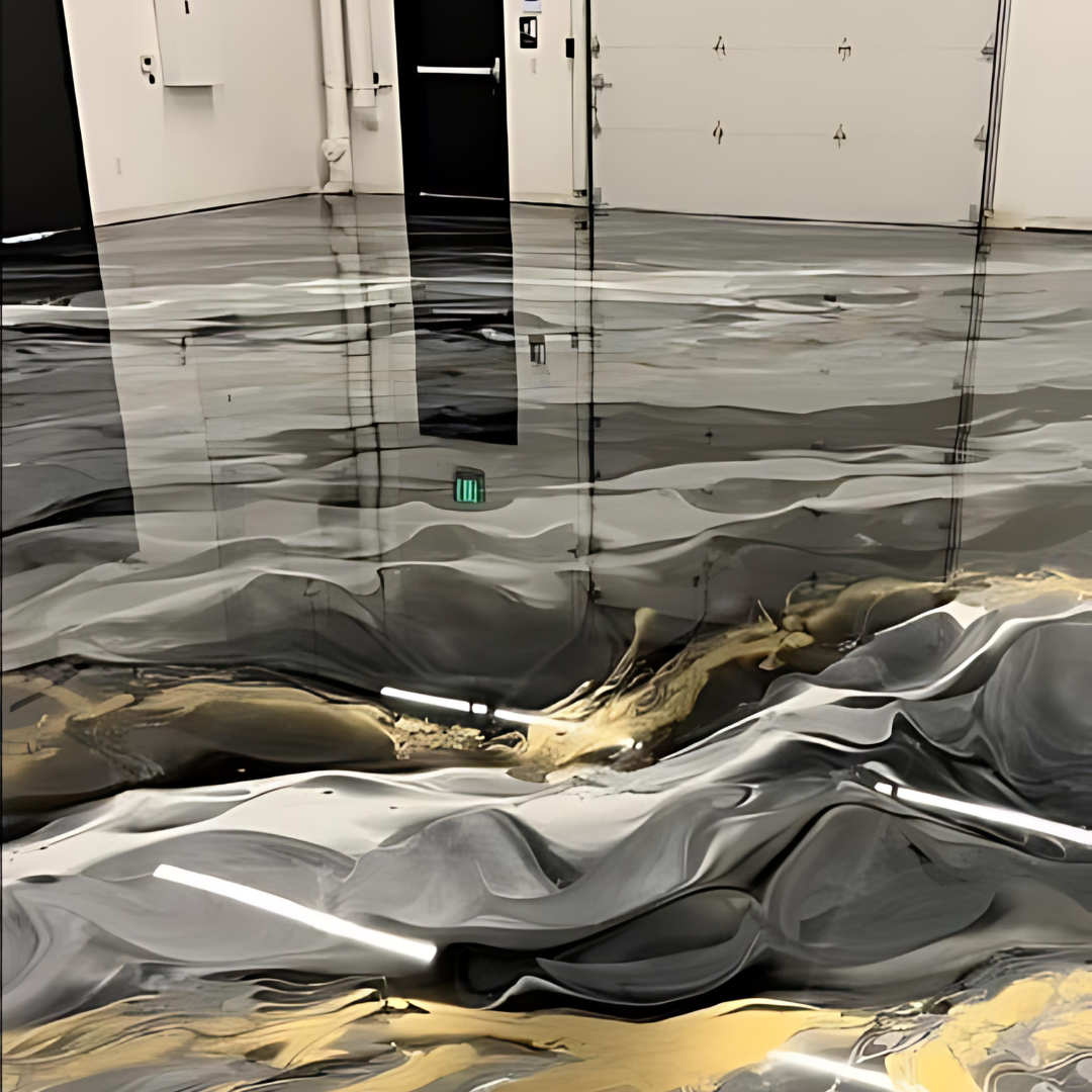 A room with a gray and gold marble floor.