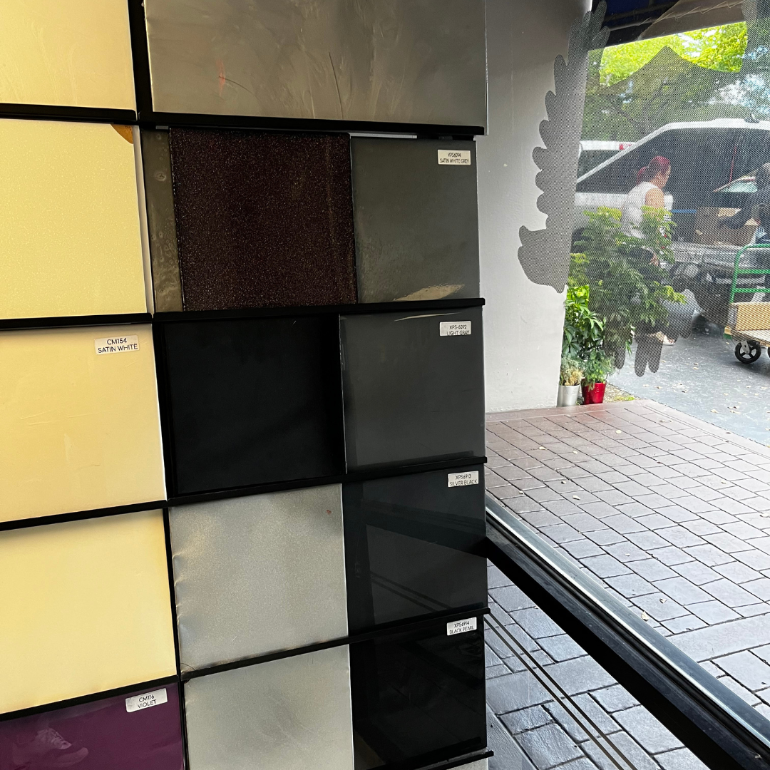 A display of different colored tiles in a store