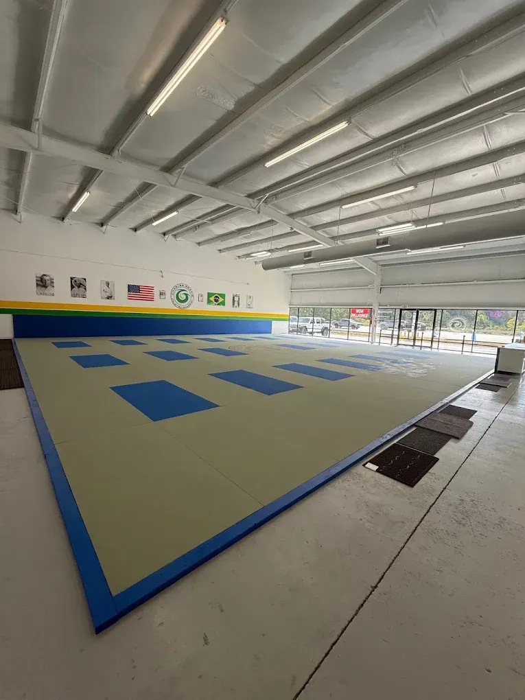 Martial arts training room with blue and tan mats, white walls, and a large open space.