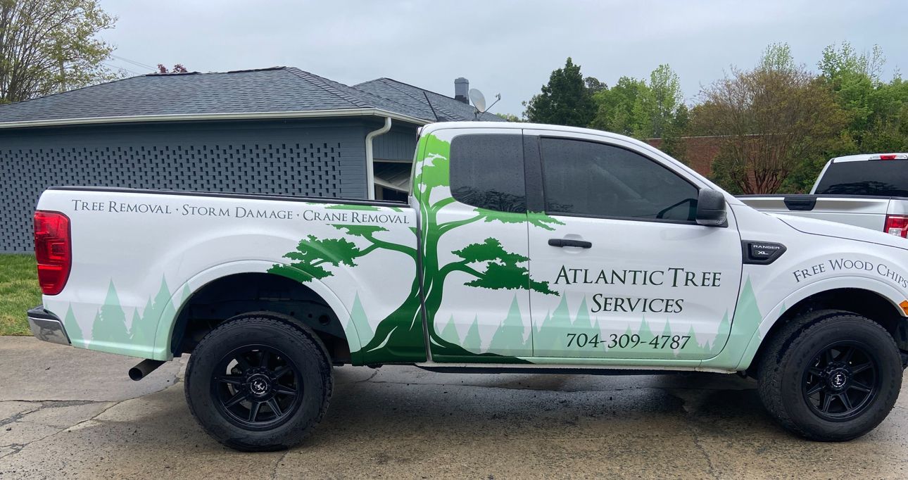 A white truck with a tree on the side is parked in front of a house.