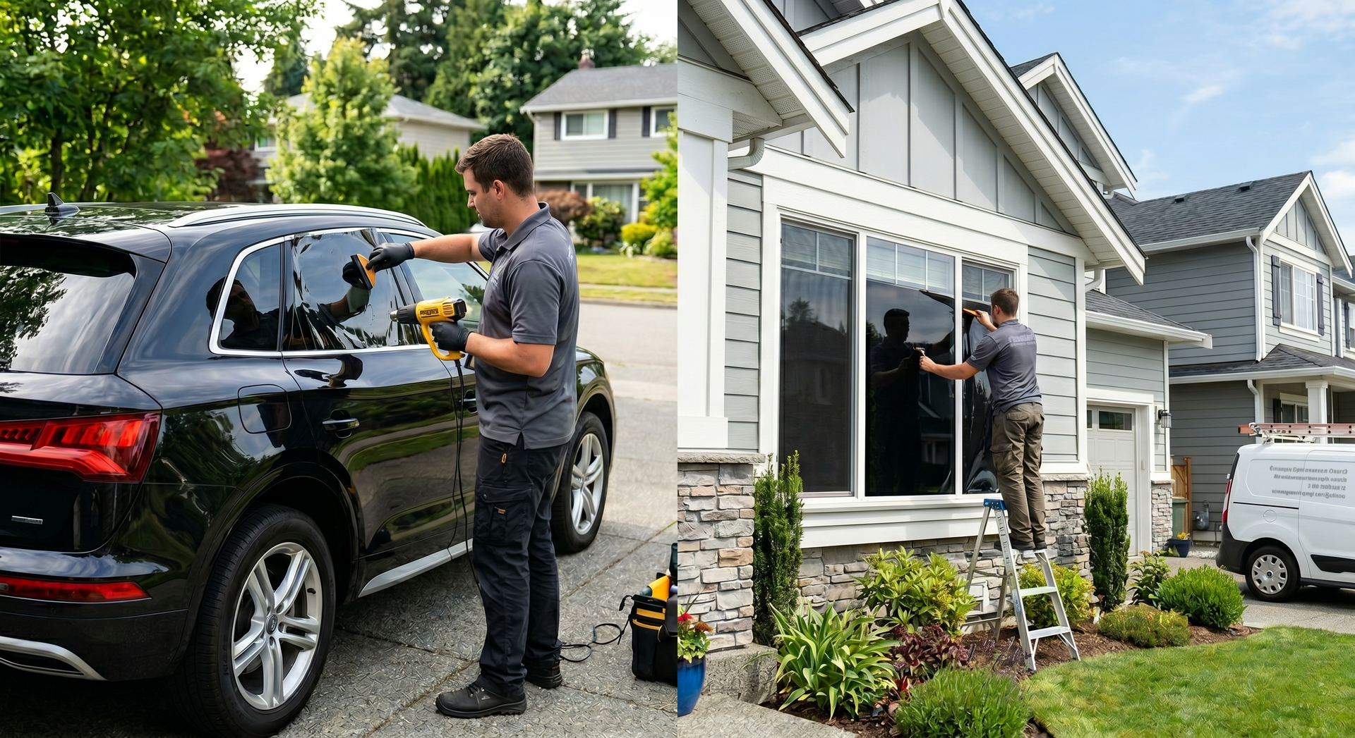 Auto detailer polishing a black car in a bright workshop with tools and another vehicle in the background