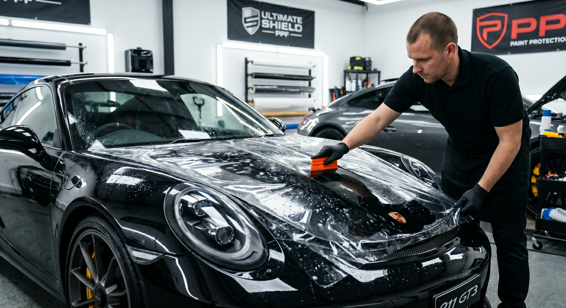 Detailer polishing a black Porsche in a car studio with PPF branding on the wall.