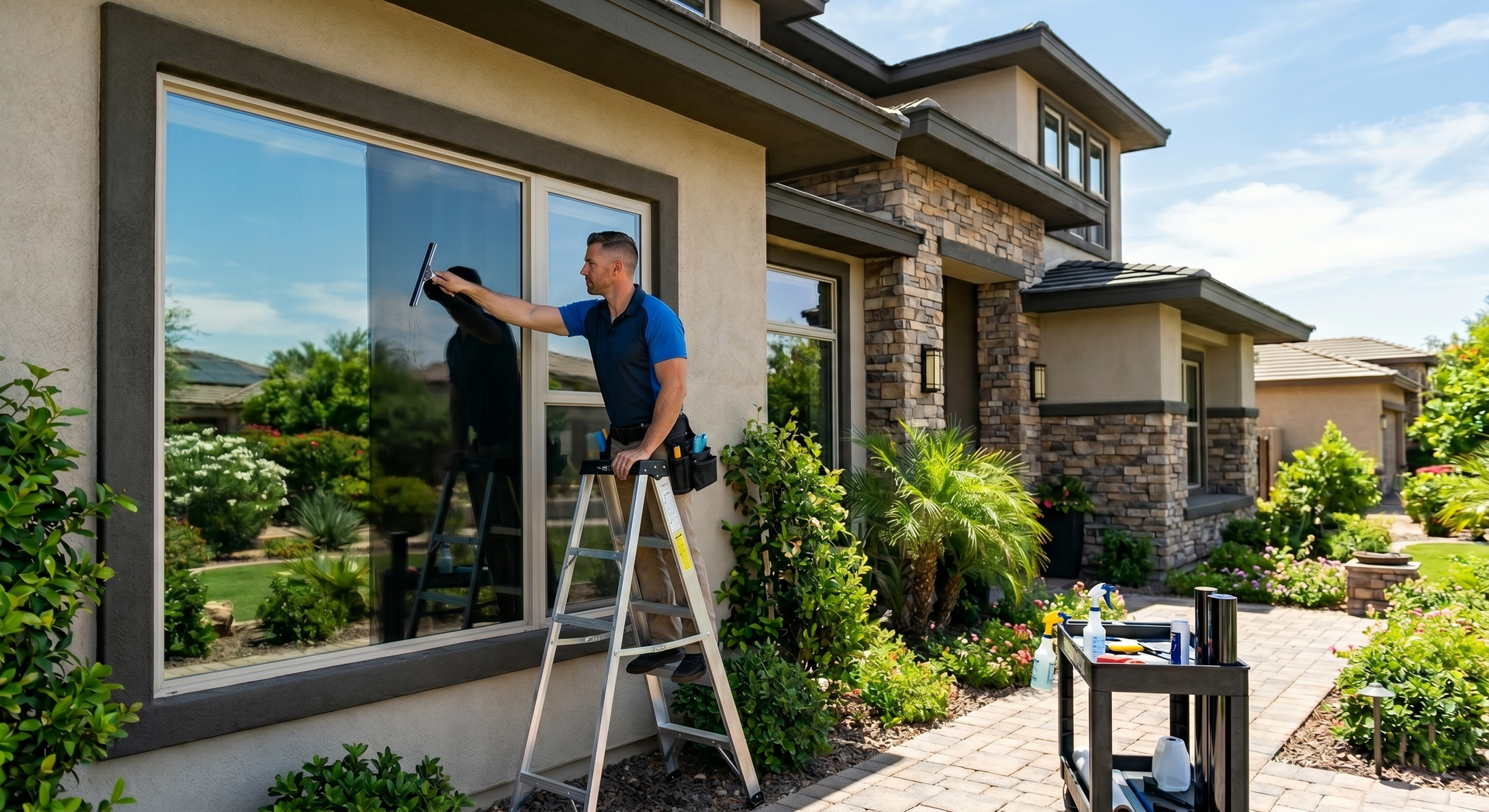 Window cleaner using a squeegee on a large house window beside a ladder in a sunny suburban yard