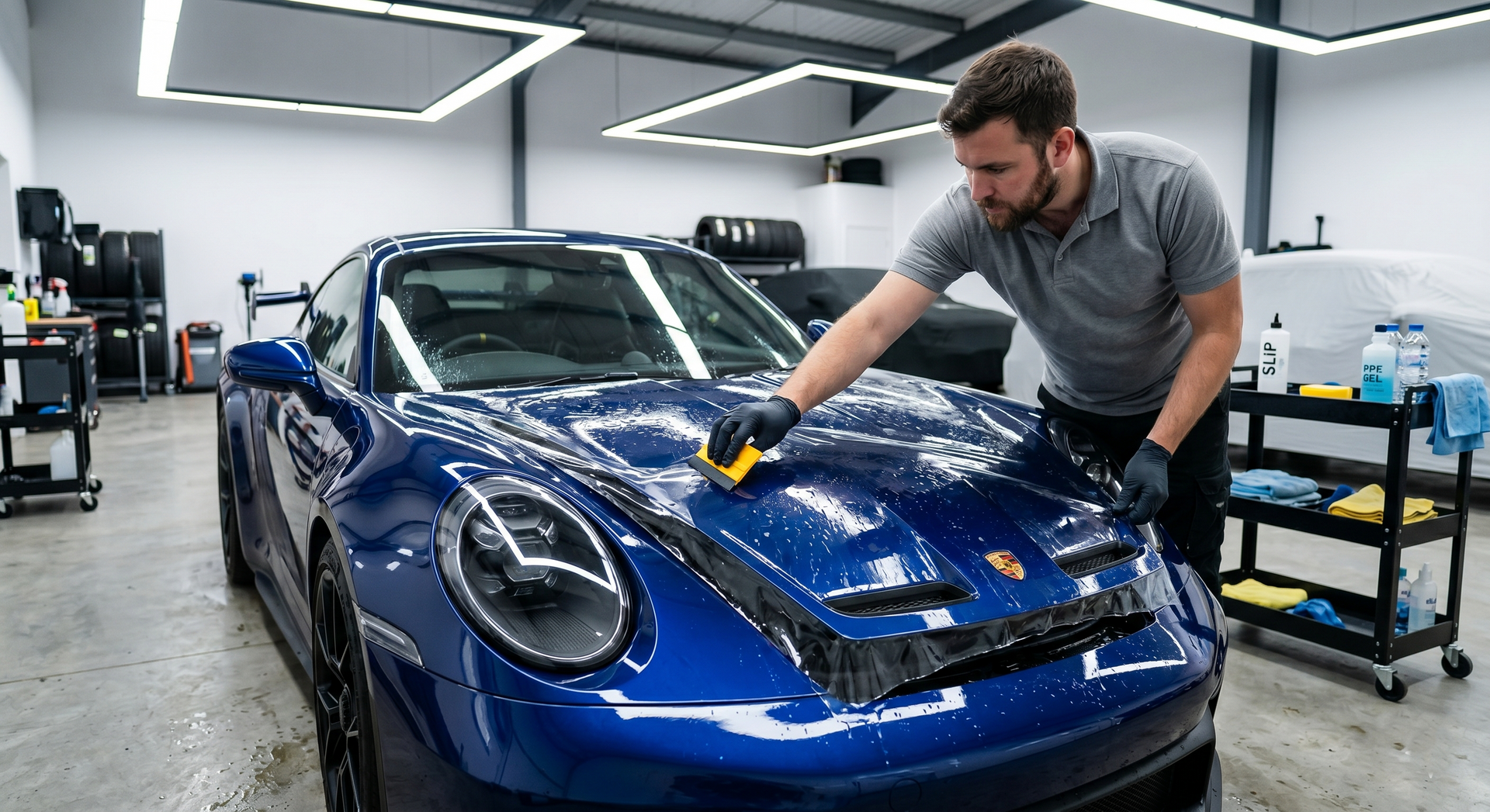 Man polishing a blue sports car in a bright auto shop