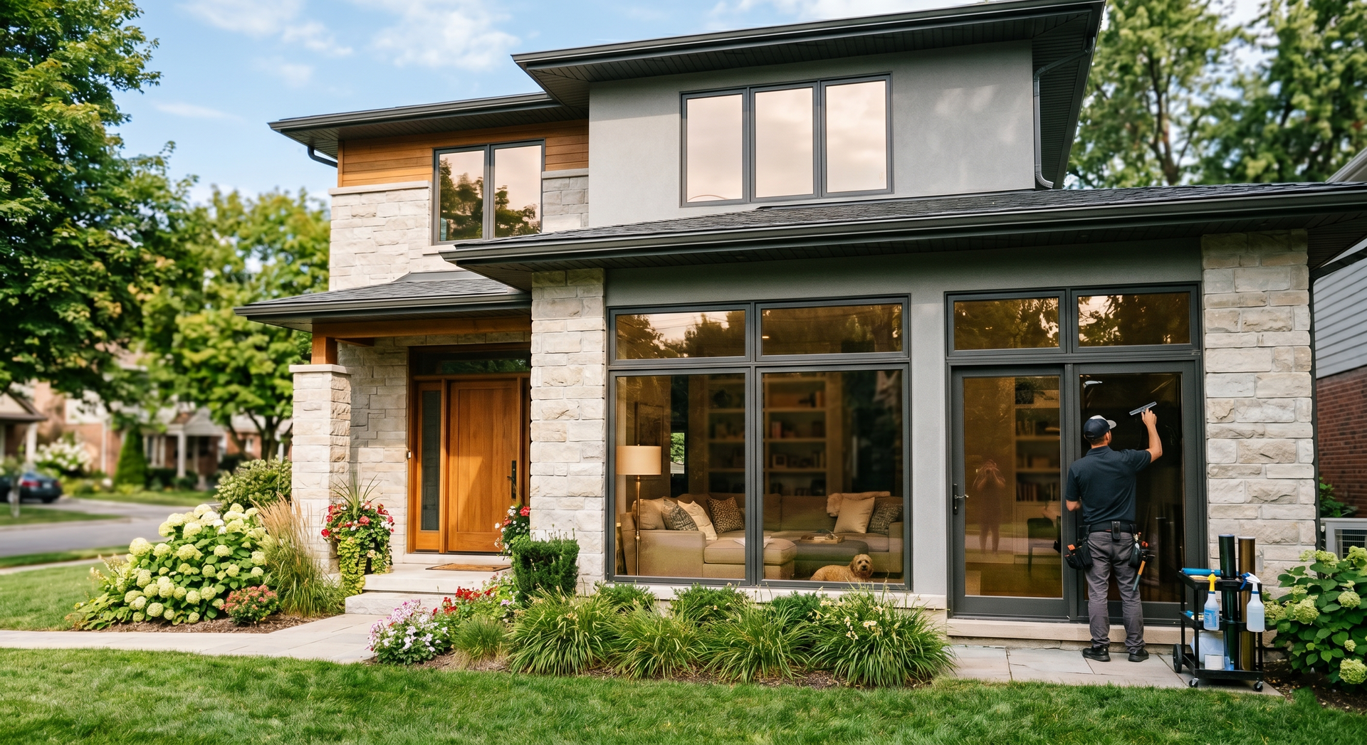 Modern two-story house with stone facade, large windows, and a person standing by the front door
