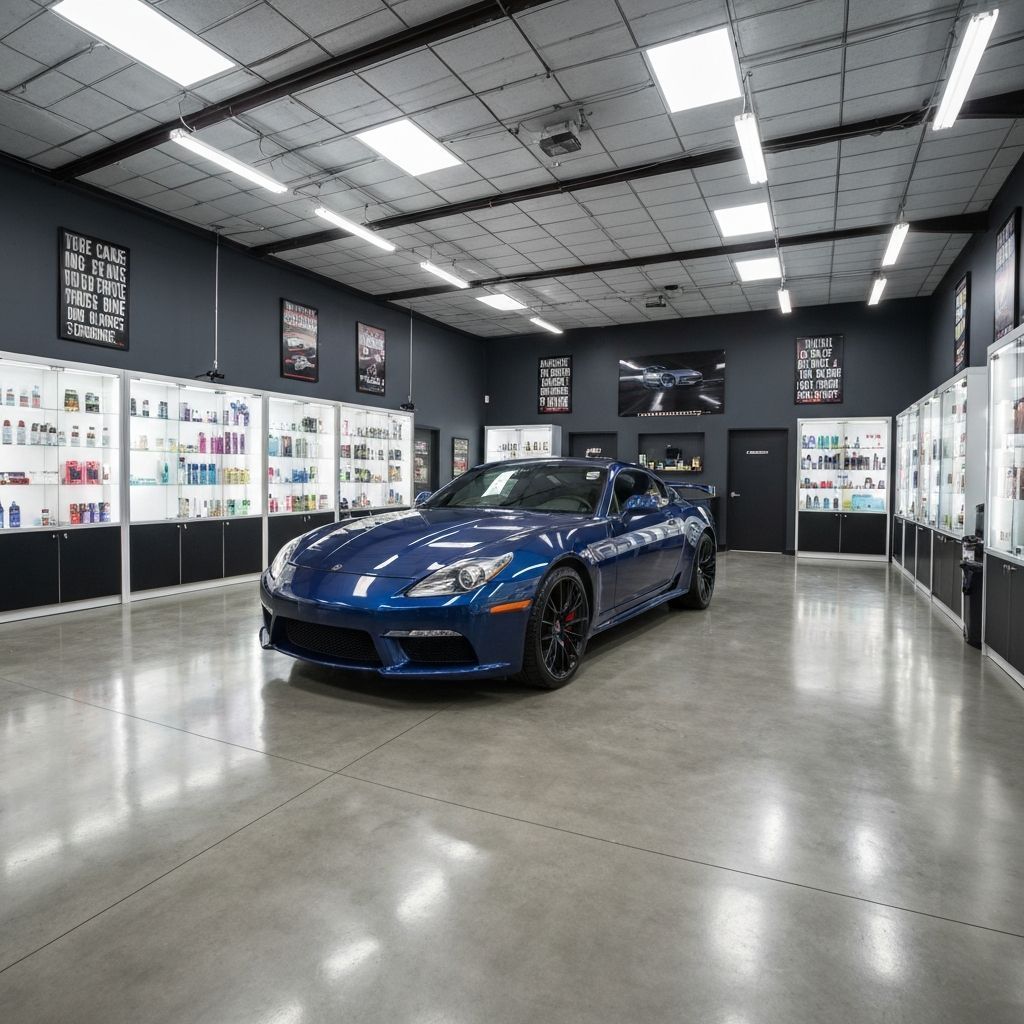 Blue sports car in a showroom, with product displays lining the walls. Gray walls and flooring, bright lighting.