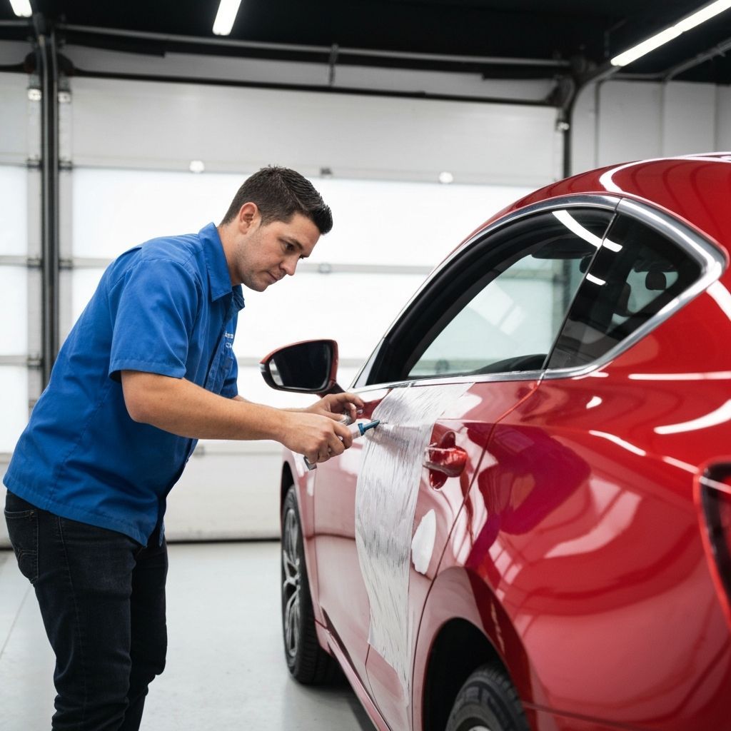 A person in a blue shirt works on a red car door in a garage.