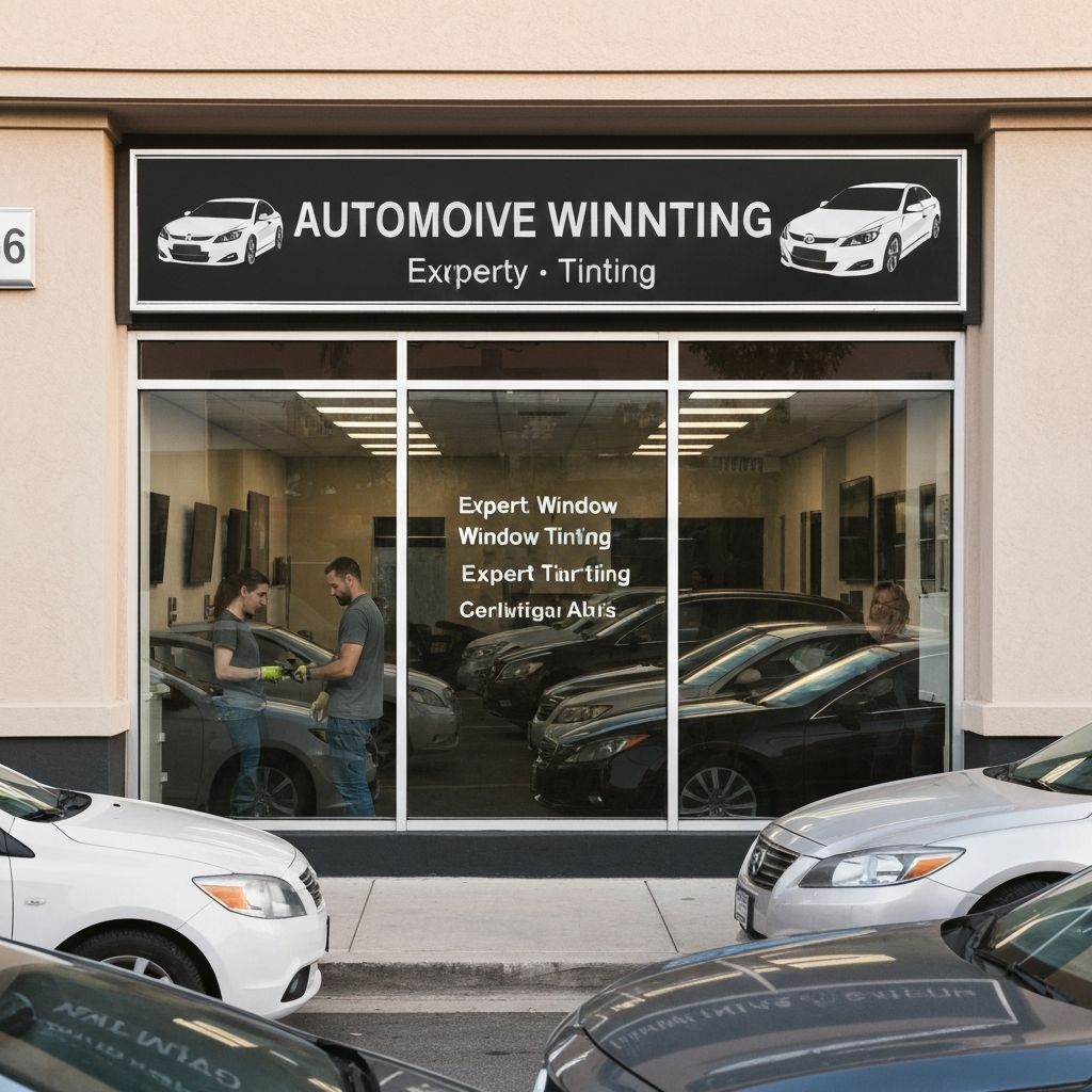 Automotive window tinting shop with employees working on a car, surrounded by several vehicles. Signage visible.