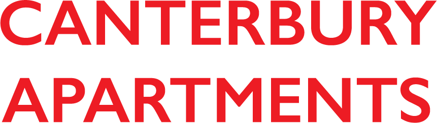 Red text on a white background that reads "CANTERBURY APARTMENTS" in all caps.